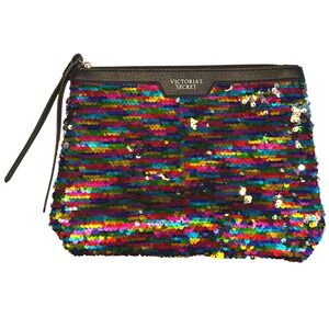 Victoria's Secret Reversible Sequin Wristlet Pouch Rainbow Multicolor Black‎